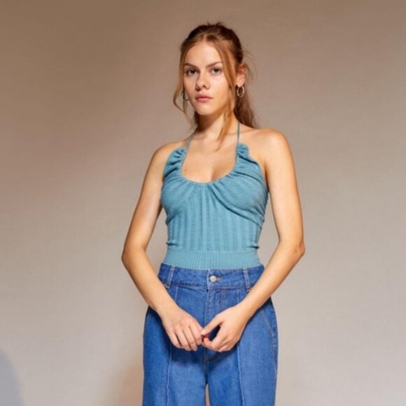 Urban Outfitters | Mila Sweater Halter Top Dusty Blue New Medium Versatile Layer - Picture 4 of 9